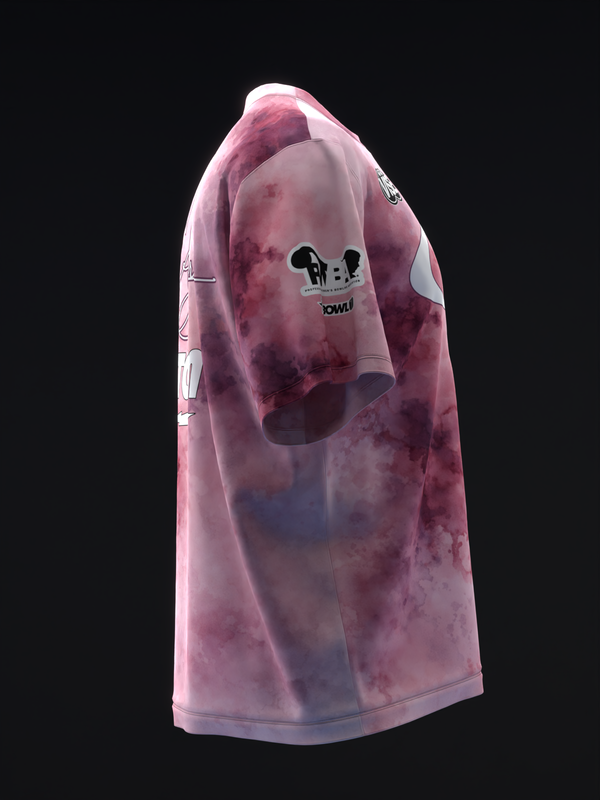 Pink and purple tie-dye bowling jersey with black graphic design