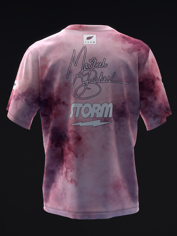 Pink tie-dye bowling jersey with Maribeth Baker Storm graphic on back
