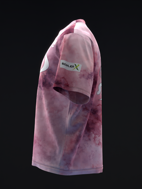 Pink and purple watercolor bowling jersey with Bowler X logo, side view