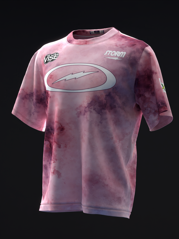 Pink tie-dye bowling jersey with oval graphic and brand logos on front