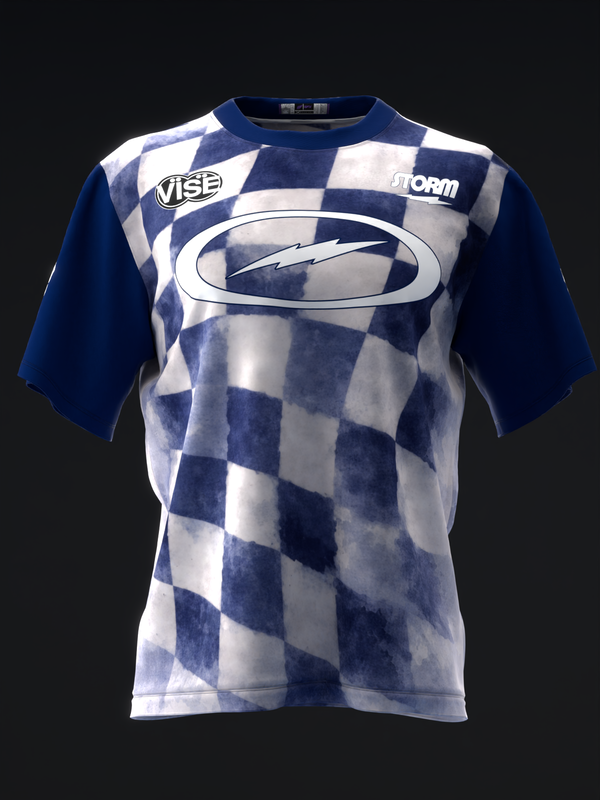 Front view of navy and white checkerboard bowling jersey with oval logo graphic