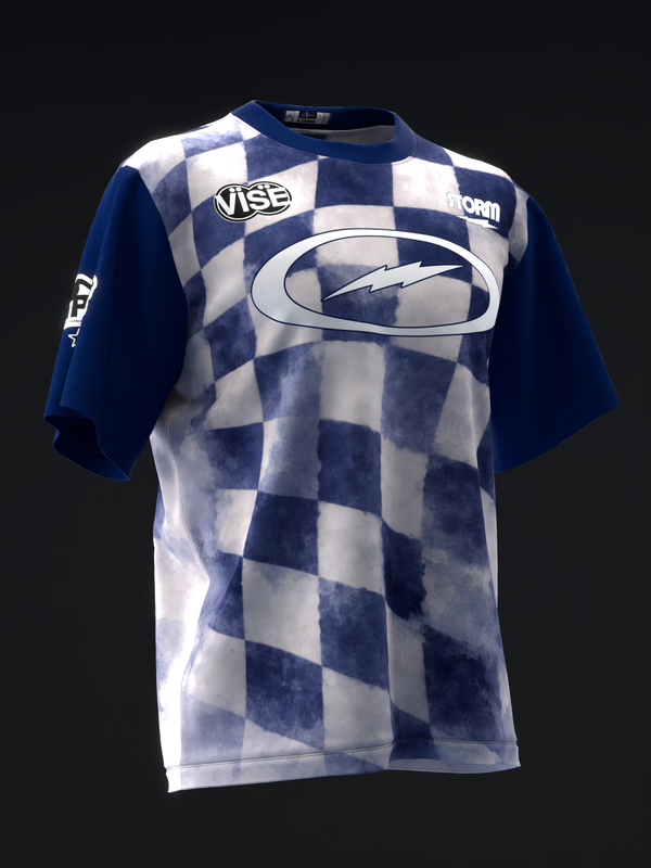 Navy and white faded checkerboard bowling jersey with logo graphic, front view