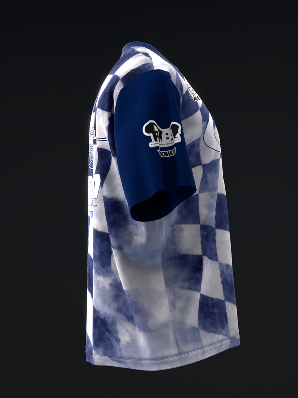 Navy and white checkerboard bowling jersey with skull graphic, front view