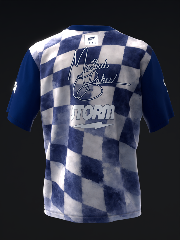 Bowling jersey back view with navy and white checkerboard pattern and signature graphic