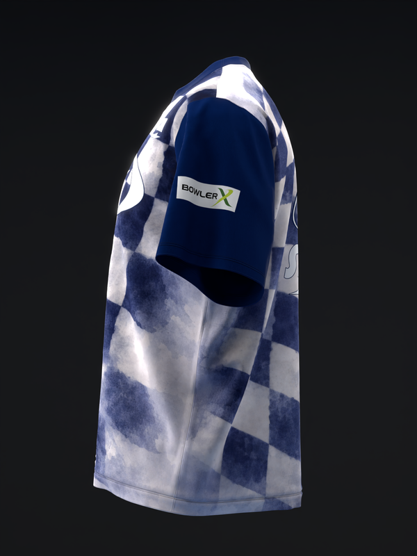 Navy and white faded checkerboard bowling jersey, front view with Bowler X logo
