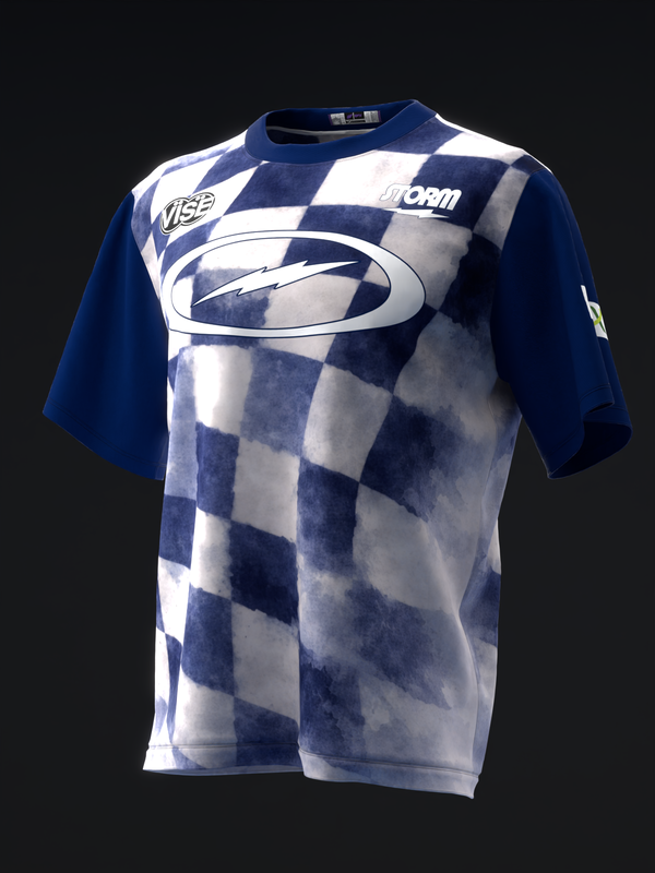Navy and white faded checkerboard bowling jersey with oval logo, front view