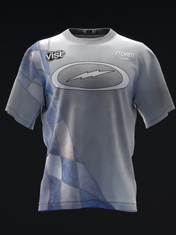 Gray bowling jersey with blue stained glass pattern and oval graphic