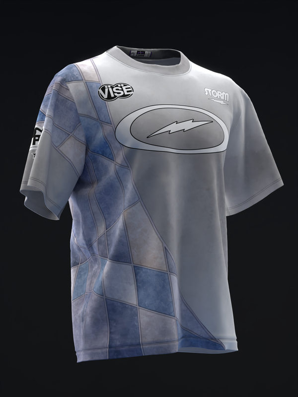 White and blue bowling jersey with geometric stained glass pattern, front view