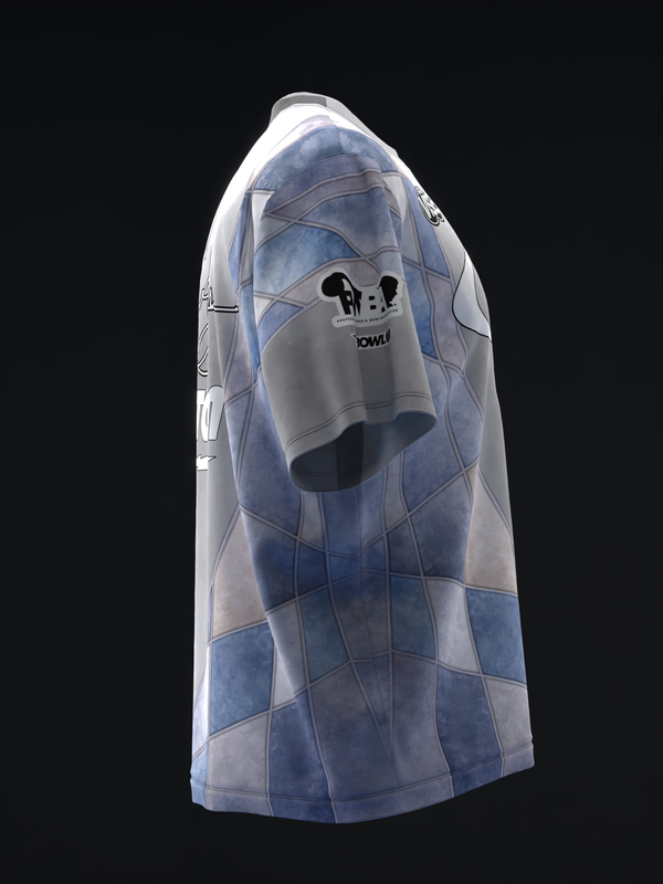 Blue and white stained glass pattern bowling jersey, side view
