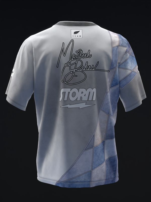 White bowling jersey with blue stained glass pattern and script text back view