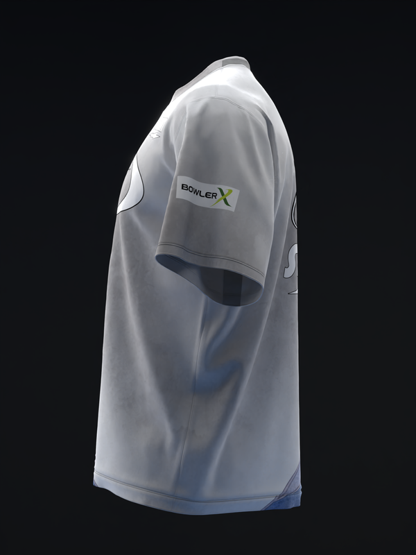 White bowling jersey with Bowler X logo on chest, side view