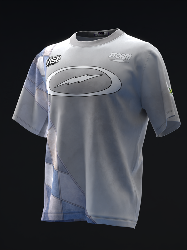 White and blue bowling jersey with stained glass graphic design, front view