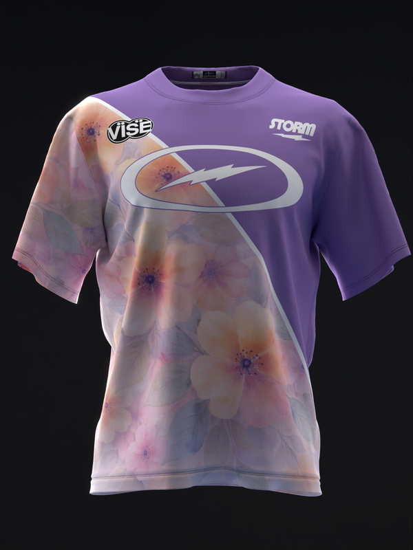 Purple bowling jersey with split watercolor floral design, front view