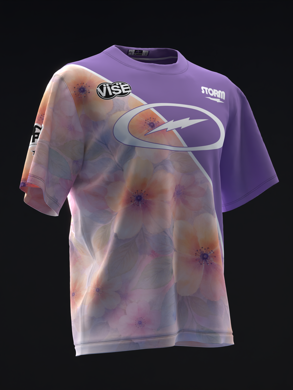 Purple and white tie-dye bowling jersey with curved graphic design and logos