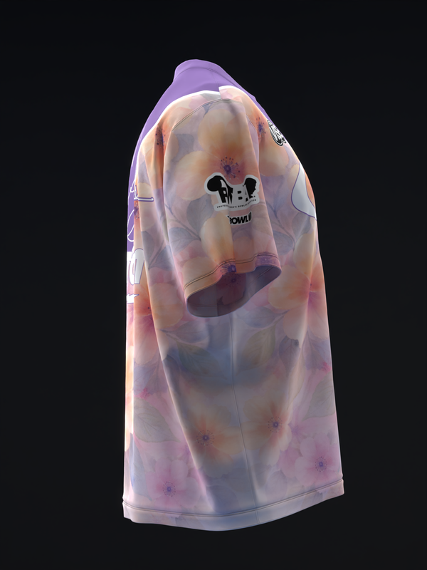 Watercolor tie-dye bowling jersey in purple, pink, and cream tones, front view