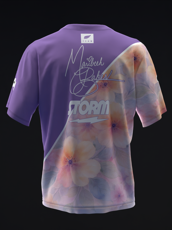Purple and floral watercolor bowling jersey back view with signature graphic