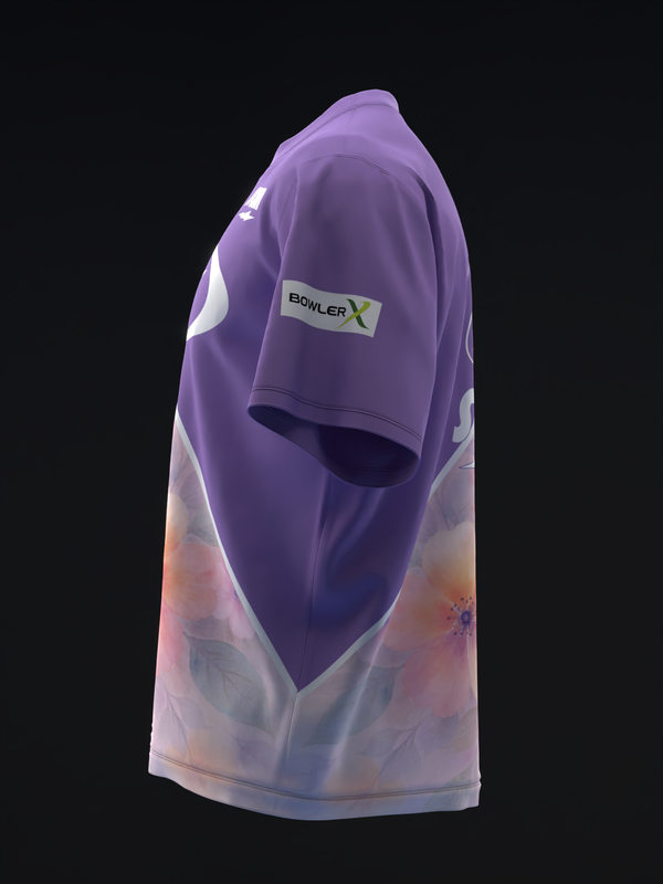 Purple bowling jersey with watercolor gradient design on lower half, side view