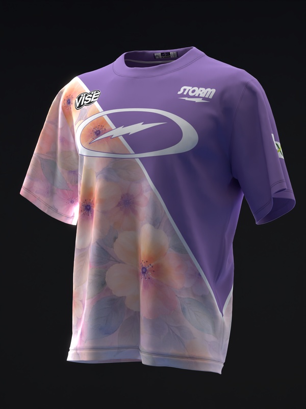 Purple bowling jersey with split watercolor floral design on front and sleeves