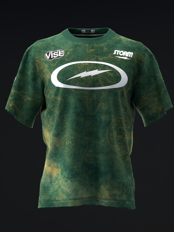 Green vintage map bowling jersey front view with white oval logo and lightning bolt graphic