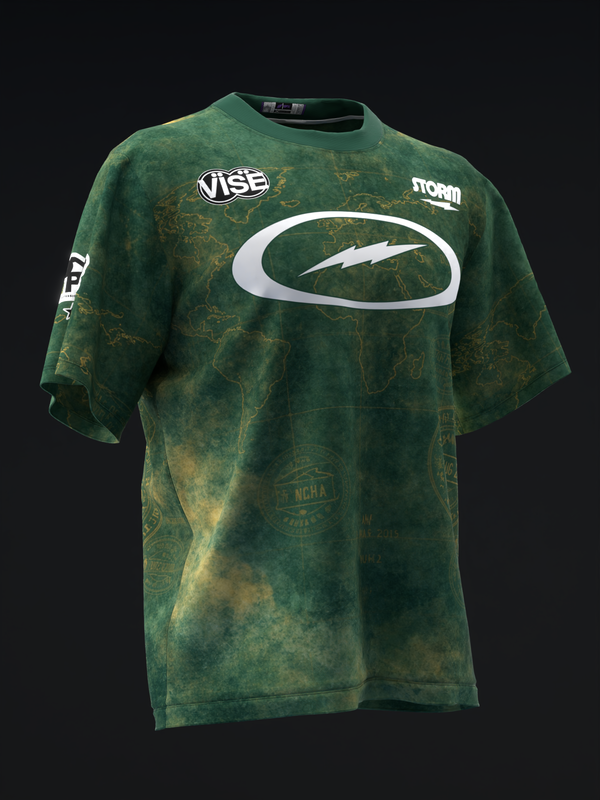 Green vintage-effect bowling jersey with white oval logo and lightning bolt graphic, front view