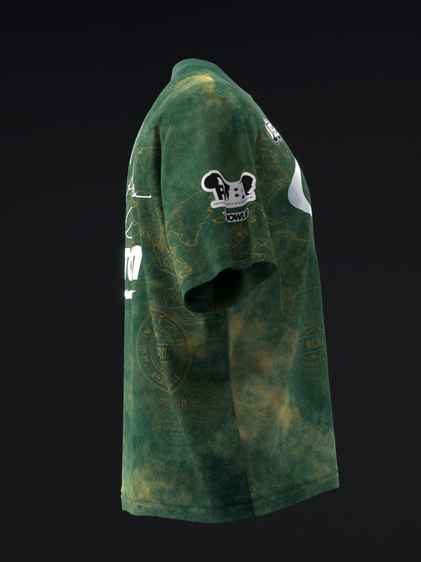 Green vintage map bowling jersey with skull graphic and white side panel detail