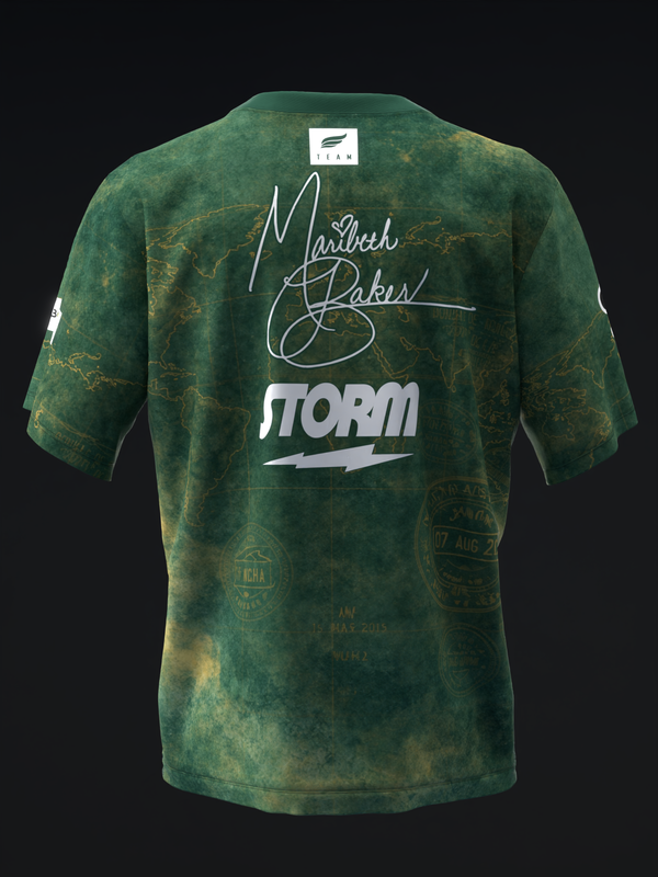 Green vintage map bowling jersey back with signature and Storm logo graphic