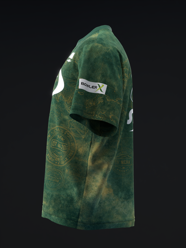 Green vintage-dyed bowling jersey with circular seal graphics and white accents