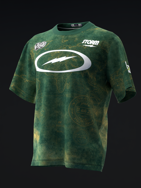 Green tie-dye bowling jersey with white oval logo and brand text on front