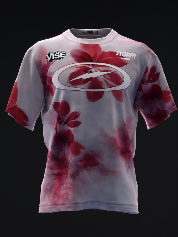 White and red watercolor floral bowling jersey with oval graphic, front view