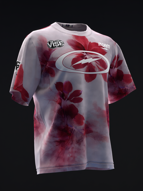 White bowling jersey with red watercolor floral pattern and logo, front view