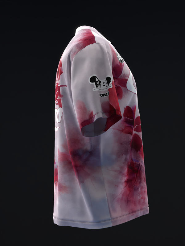 White bowling jersey with red watercolor floral pattern, front view