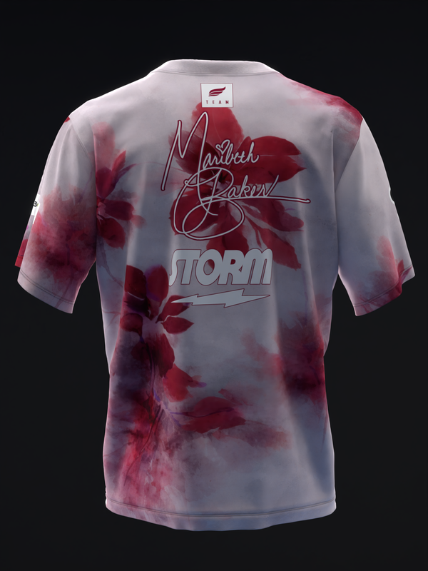 White bowling jersey with red watercolor floral pattern and text, back view
