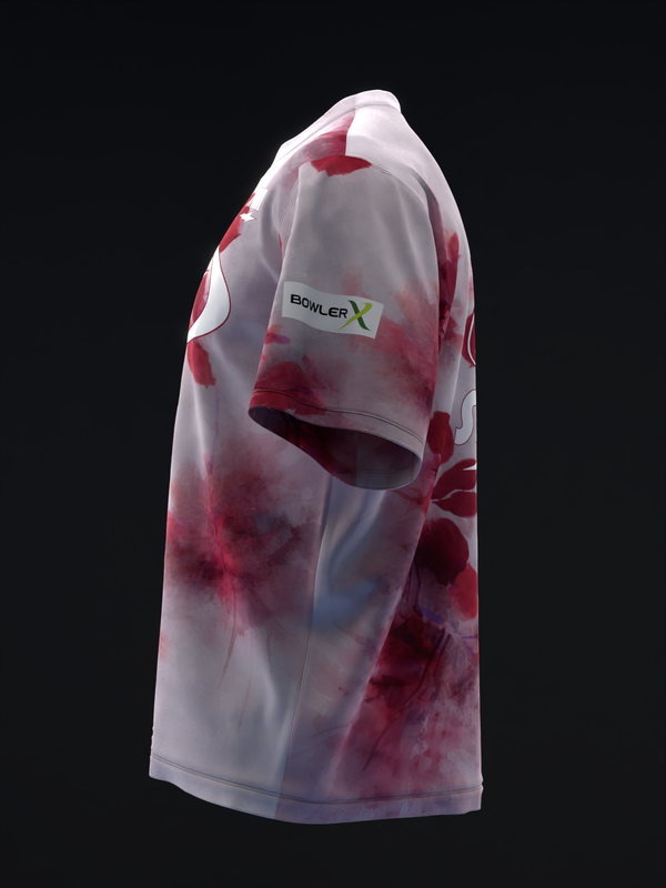 White bowling jersey with red watercolor floral design, front three-quarter view