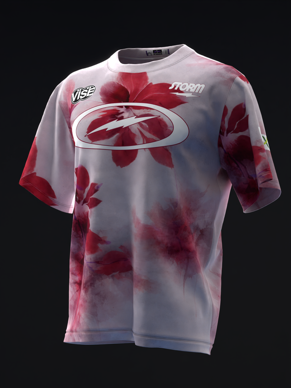 Front view bowling jersey with red watercolor floral print and Storm logo
