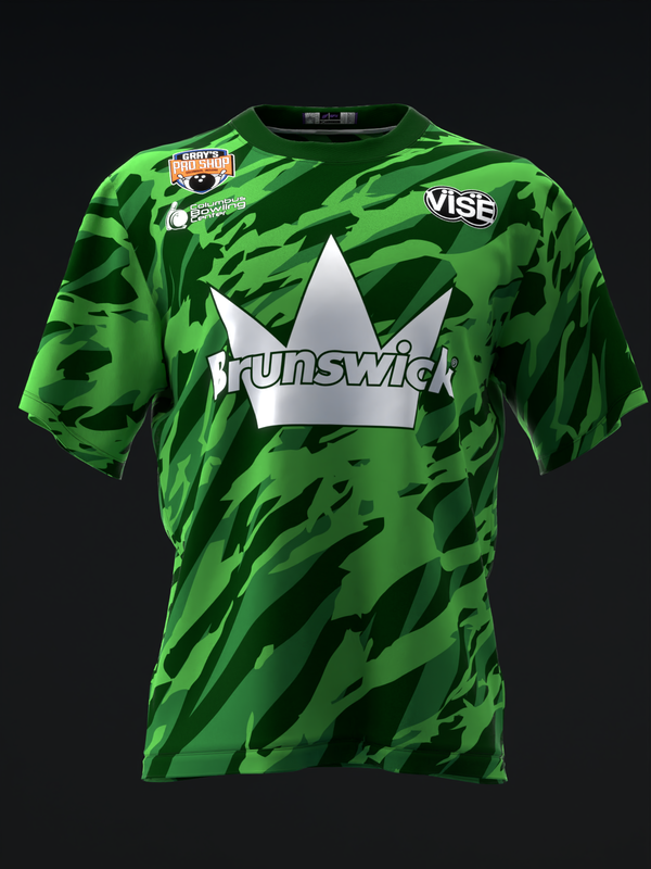 Bright green camo bowling jersey with Brunswick crown logo and sponsor patches