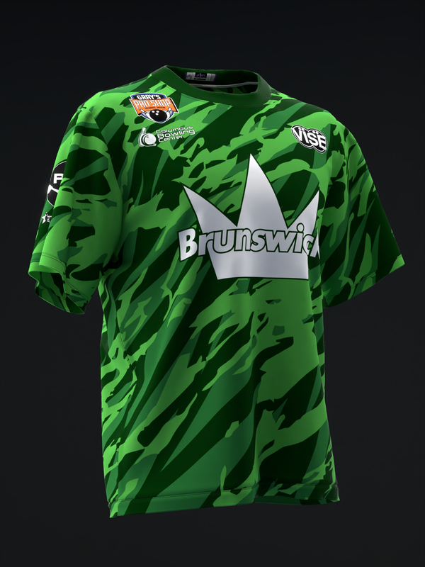 Bright green camo bowling jersey with Brunswick crown logo and sponsor patches
