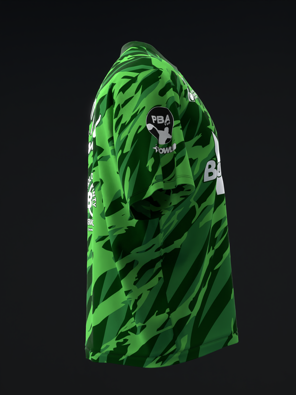 Bright green bowling jersey with black camouflage pattern and white accents, side view