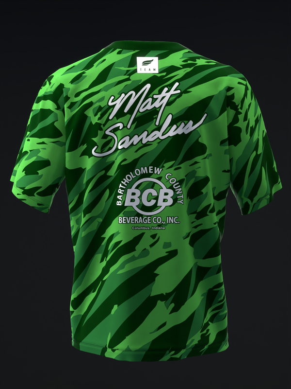 Green camo bowling jersey with Matt Sanders signature and BCB logo print