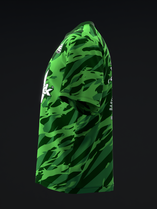 Bright green bowling jersey with dark green abstract tiger stripe pattern, side view