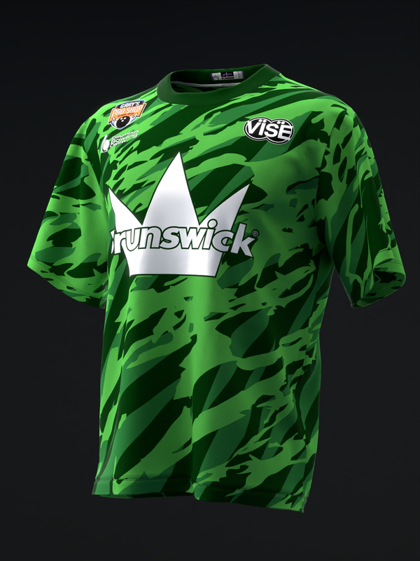 Green camouflage bowling jersey with white Brunswick crown logo and Vise branding
