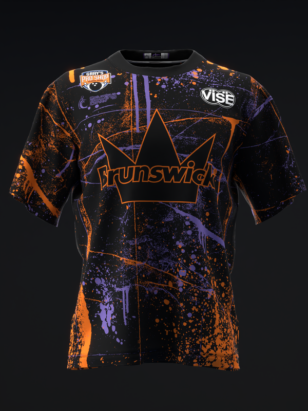 Black bowling jersey with orange and purple splatter design and Brunswick crown logo