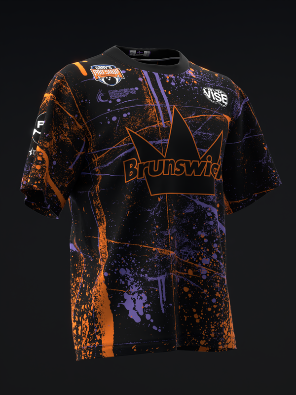 Black bowling jersey with orange and purple splatter pattern and Brunswick logo