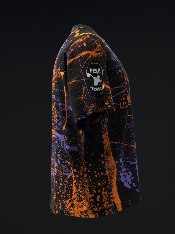 Black bowling jersey with orange and purple splatter design and PBA logo