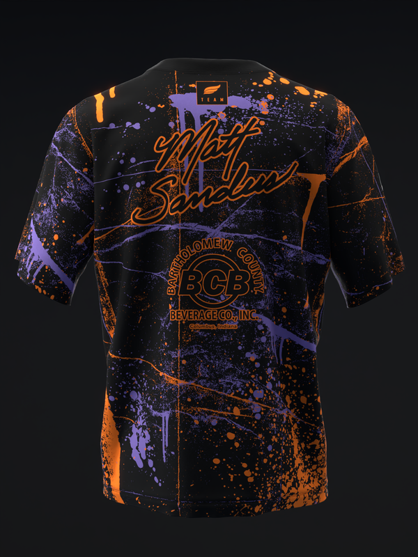 Black bowling jersey with orange and purple splatter pattern and text graphic, front view