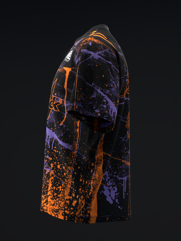 Black bowling jersey with orange and purple splatter paint design, side view