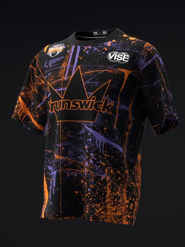 Black bowling jersey with orange and purple splatter design and Brunswick logo