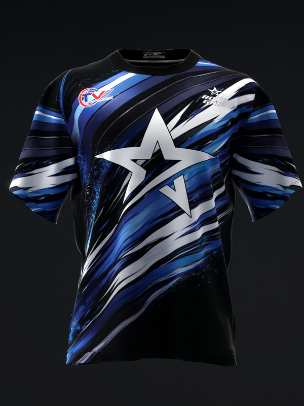 Black bowling jersey with blue and white diagonal streaks and large star graphic