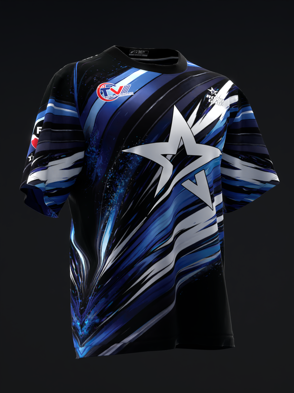Black and blue bowling jersey with white star and dynamic streak graphic, front view