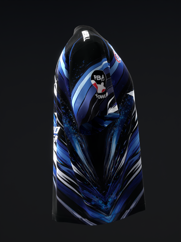 Bowling jersey with blue and black dynamic streak pattern, front view