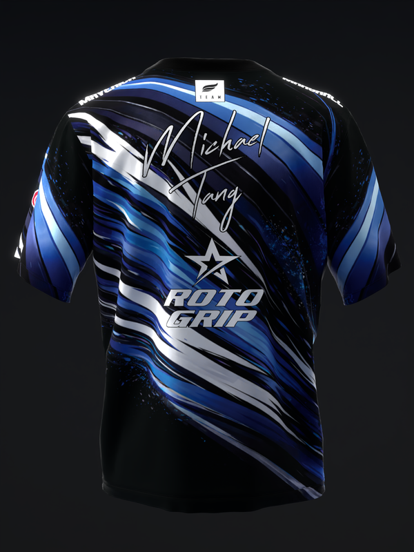Black bowling jersey with blue and white diagonal streaks and signature graphic